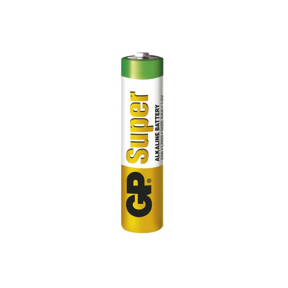 Four GP Batteries LR3 AAA alkaline batteries, standard size, for universal use, shown in a clear image.
