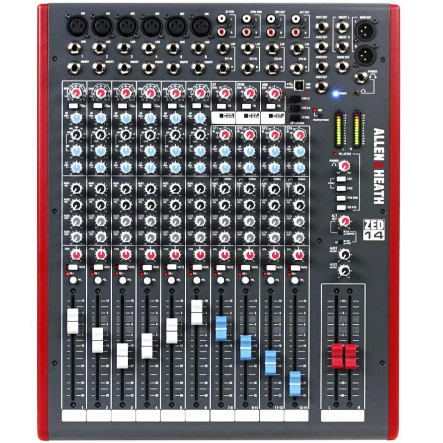 Allen & Heath ZED-14 analog mixer, front view.