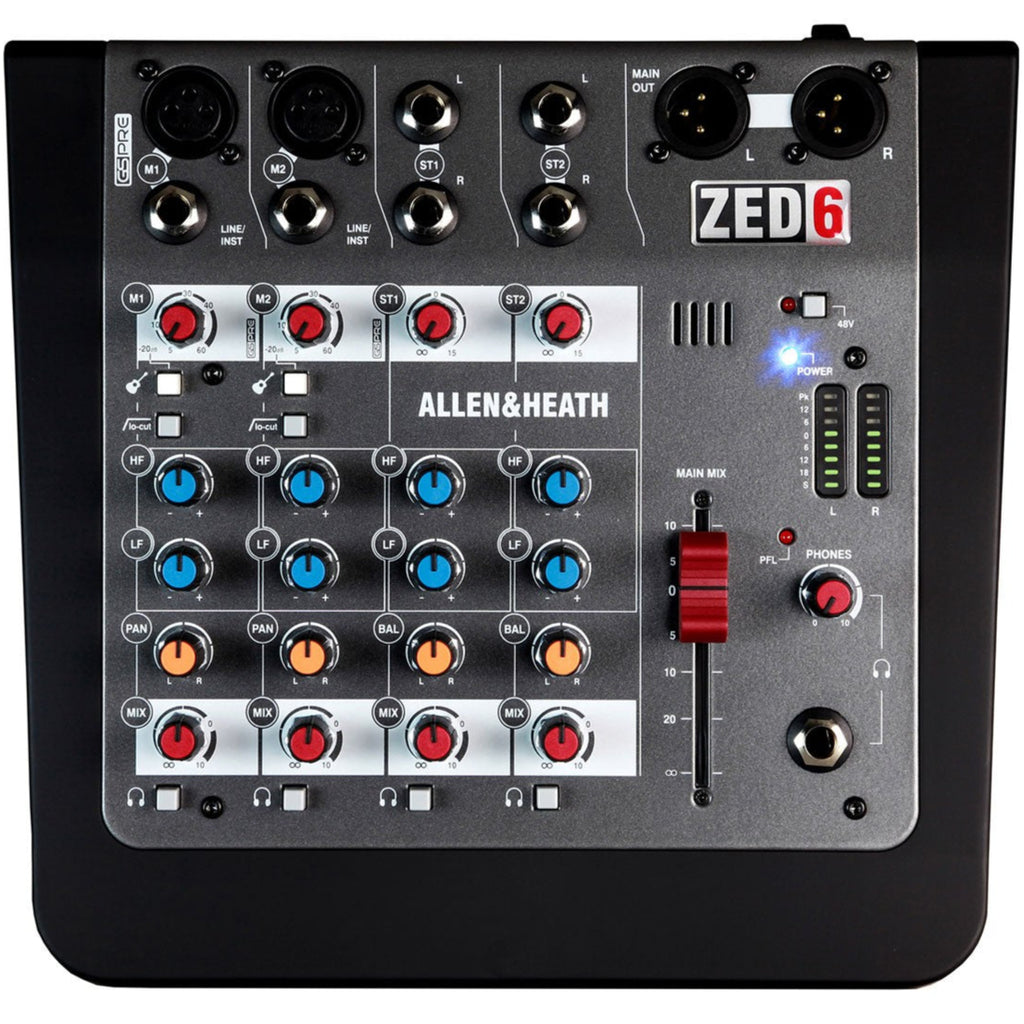 Allen & Heath ZED-6 analog mixer with multiple input channels and control knobs, compact audio mixing console.