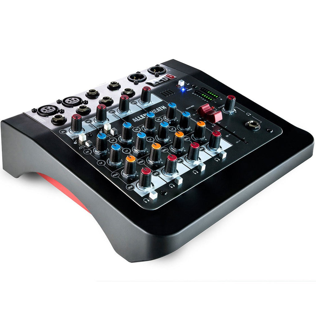 Allen & Heath ZED-6 analog mixer with multiple input channels, knobs, and sliders for professional audio mixing.