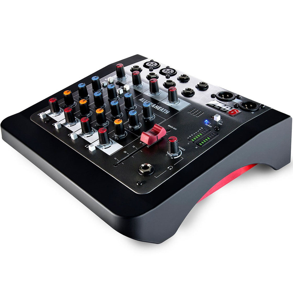 Allen & Heath ZED-6 analog mixer with multiple input channels, knobs, and faders for professional audio mixing.