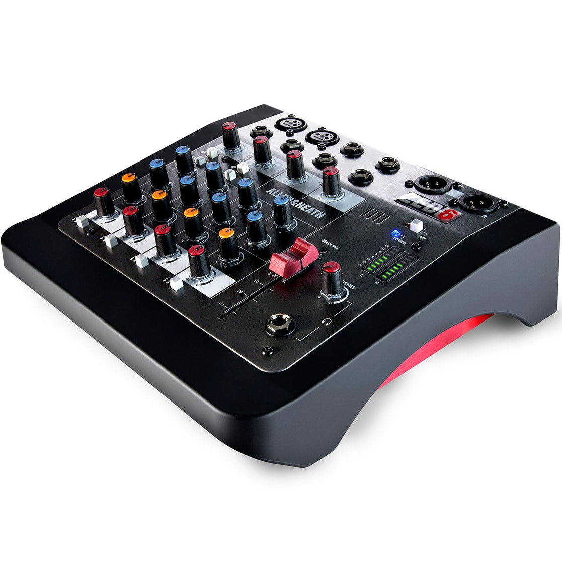 Allen & Heath ZED-6 analog mixer with multiple input channels, knobs, and faders for professional audio mixing.
