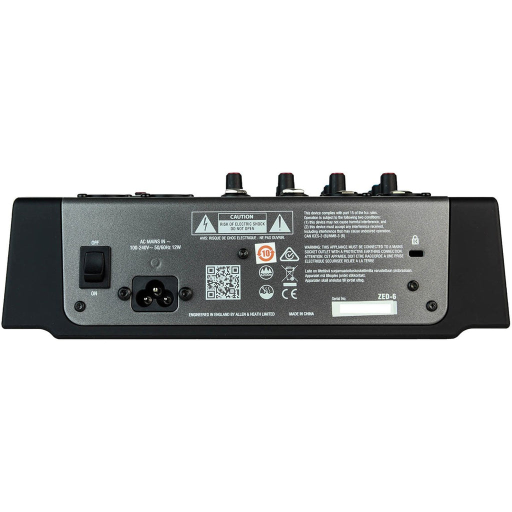 Allen & Heath ZED-6 analog mixer with multiple input channels, knobs, and sliders for professional audio mixing.