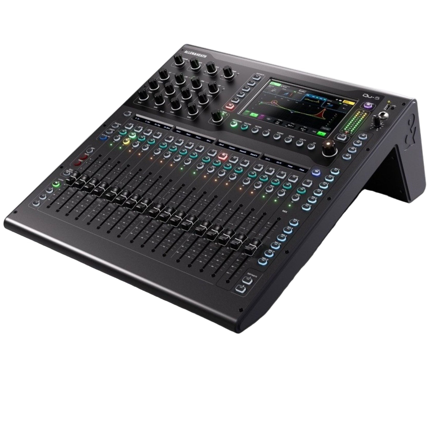Allen & Heath Qu-5 digital mixer showing control panel with multiple knobs, faders, and input/output ports in a side angle view.