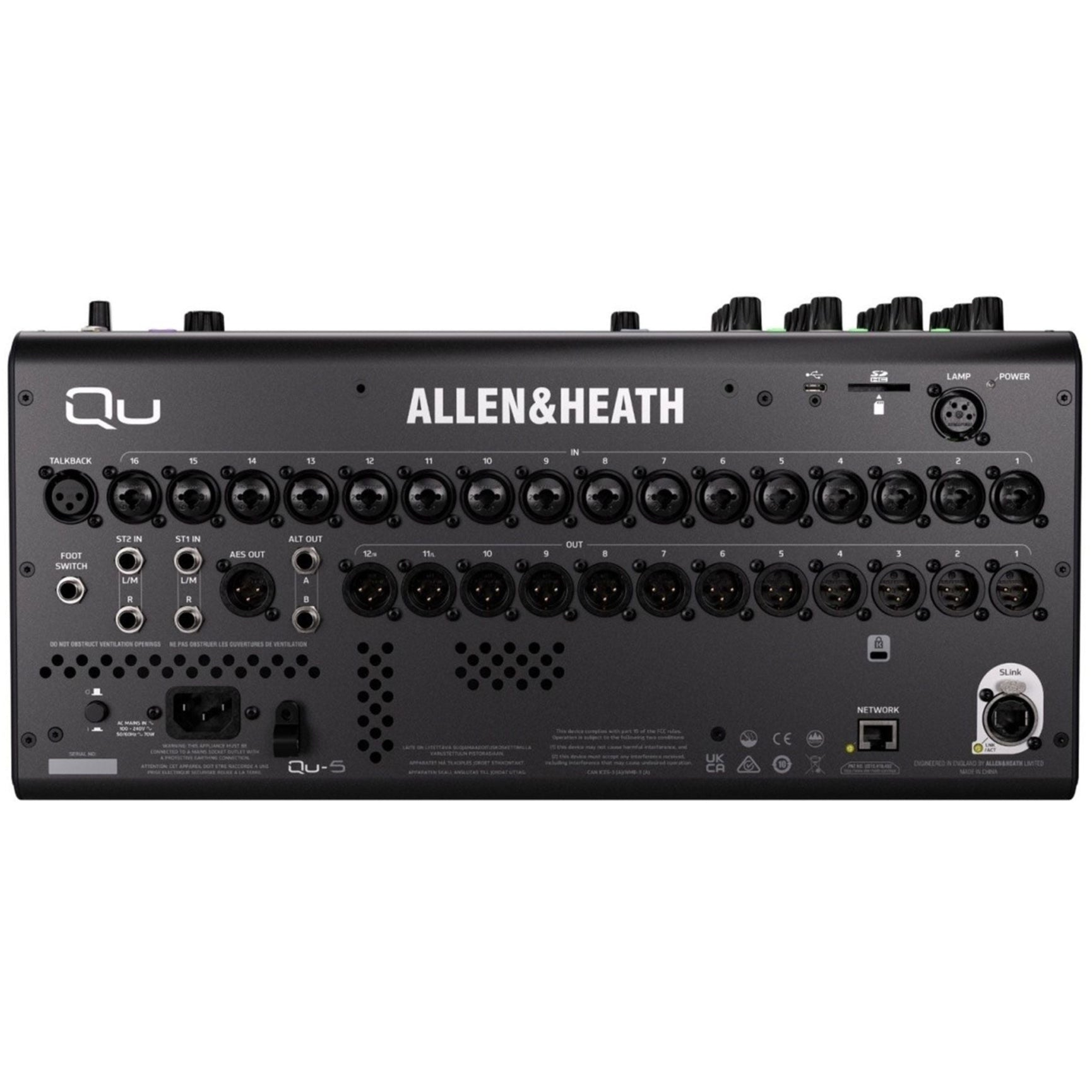 Allen & Heath Qu-5 digital mixer with back panel showing input and output ports, professional audio equipment for live sound and studio.