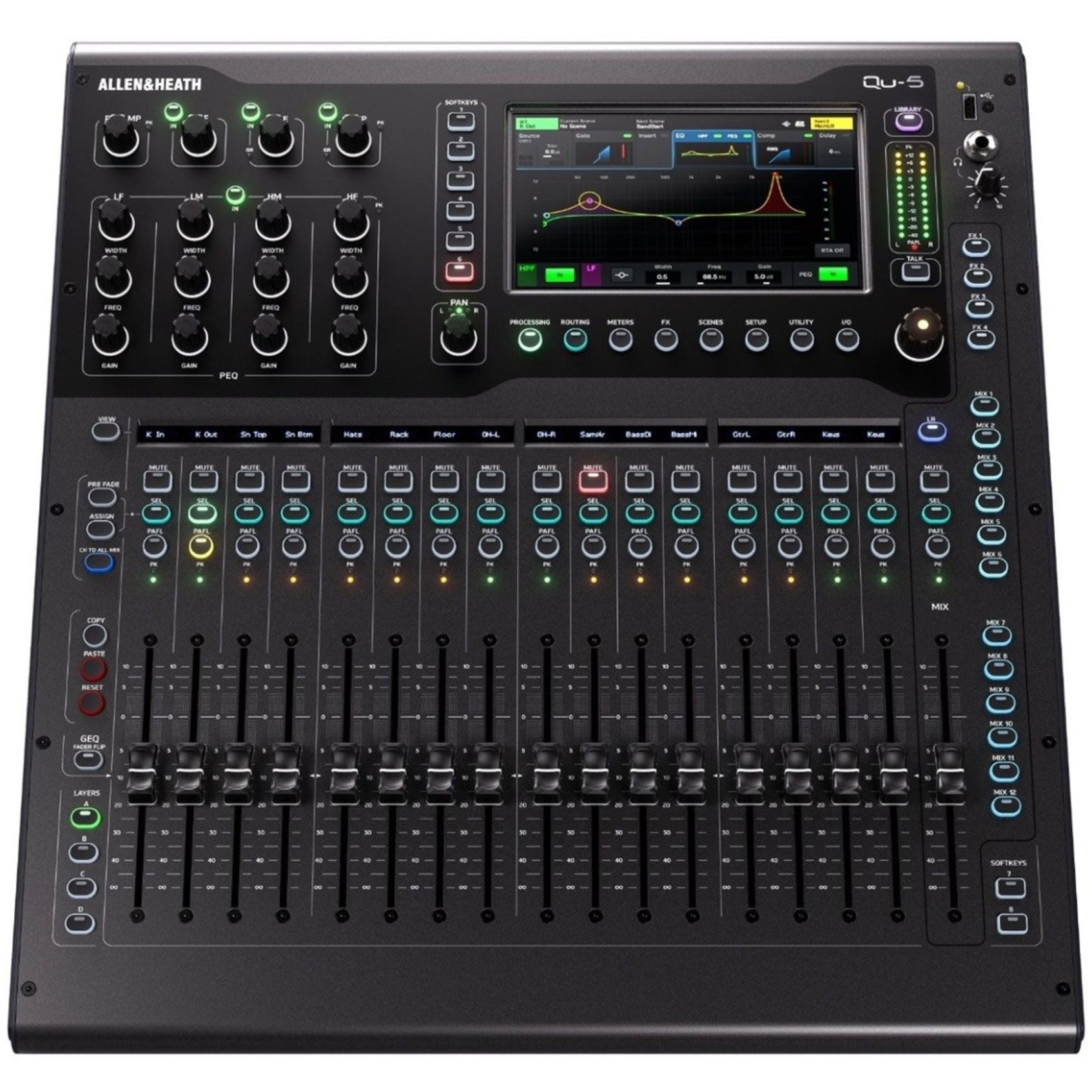 Allen & Heath Qu-5 digital mixer with multiple control knobs and touchscreen interface for professional audio mixing.