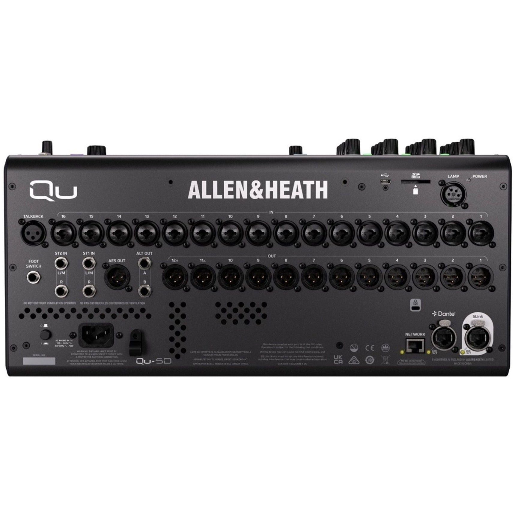 Allen & Heath Qu-5D digital mixer with Dante audio interface, showing rear panel with input and output connections.