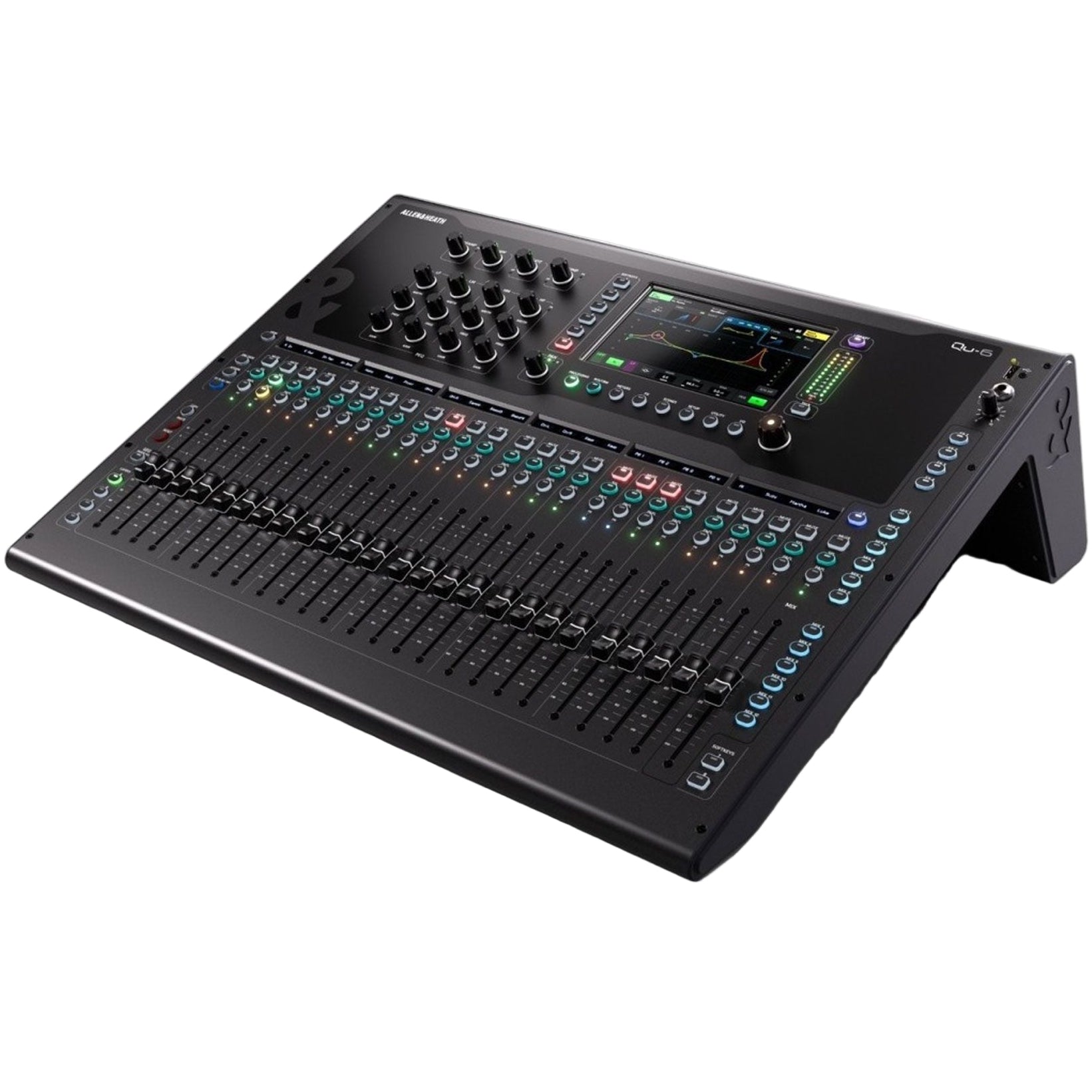 Allen & Heath Qu-6 digital mixer with angled view, featuring multiple input knobs, screens, and control buttons for professional audio mixing.