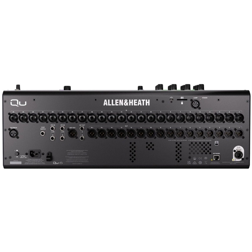 Allen & Heath Qu-6 digital mixer showing rear panel with multiple input and output connections and control ports.