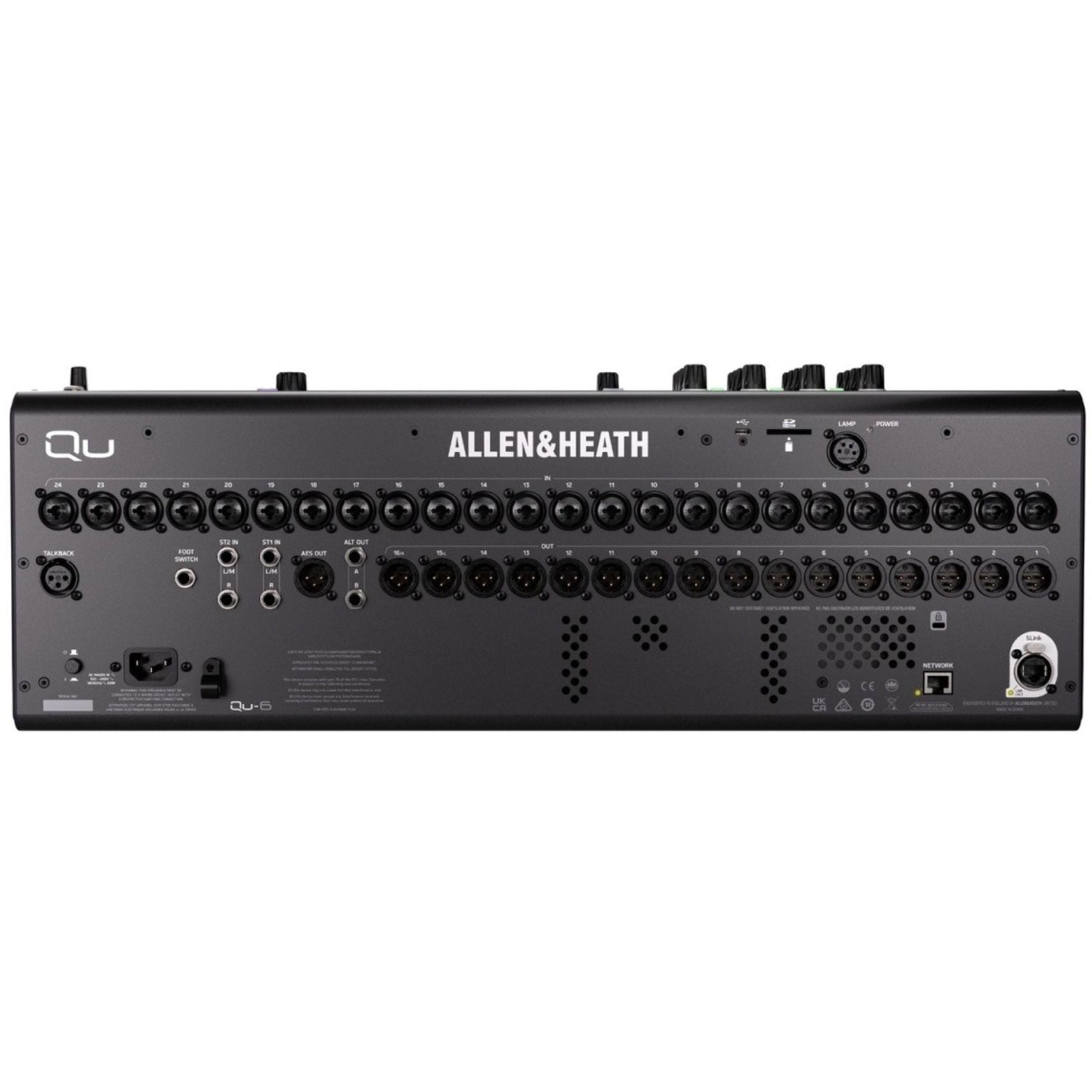 Allen & Heath Qu-6 digital mixer showing rear panel with multiple input and output connections and control ports.