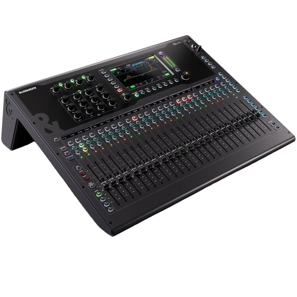 Allen & Heath Qu-6 digital mixer with multiple knobs, faders, and a touchscreen display, shown from an angled view.