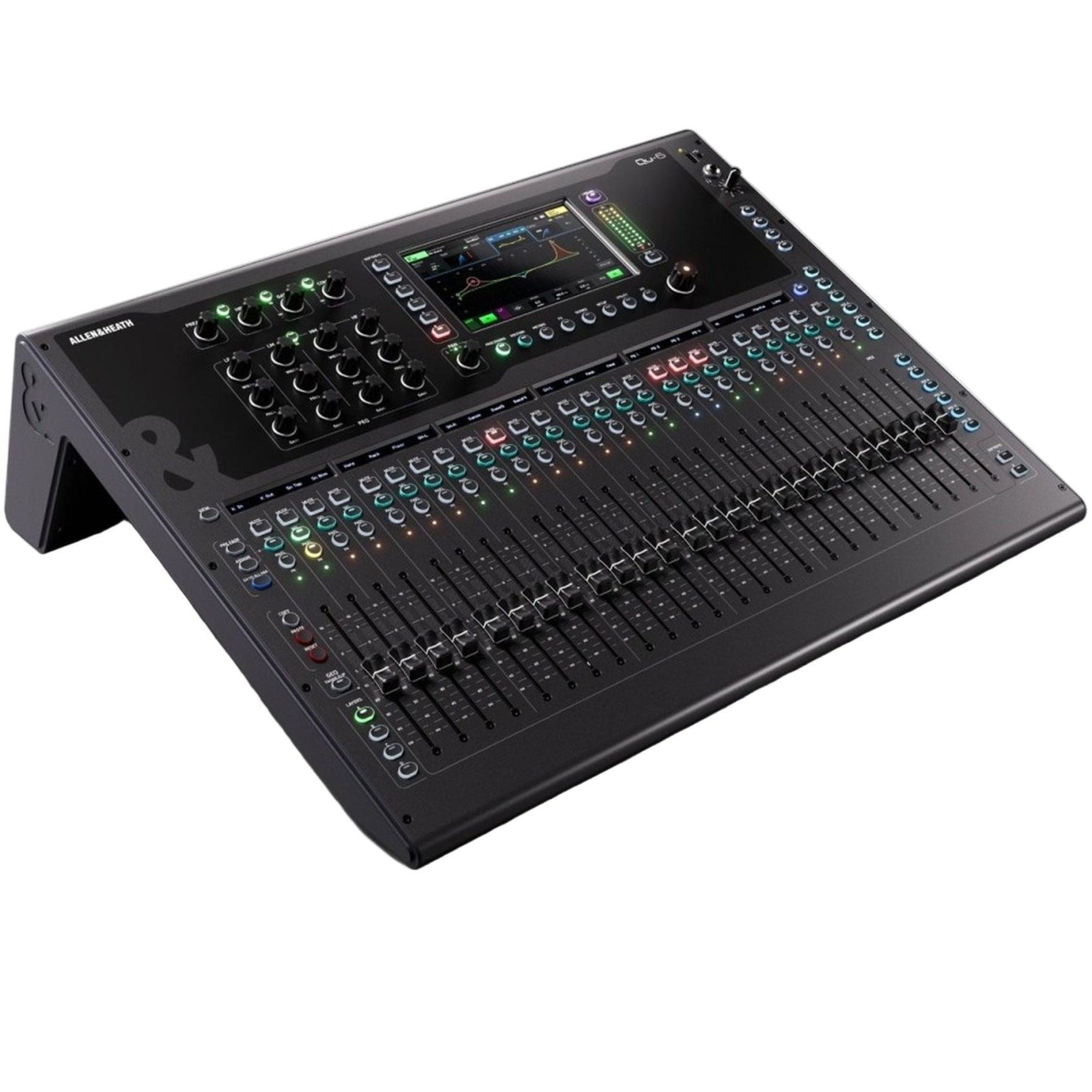 Allen & Heath Qu-6 digital mixer with multiple knobs, faders, and a touchscreen display, shown from an angled view.