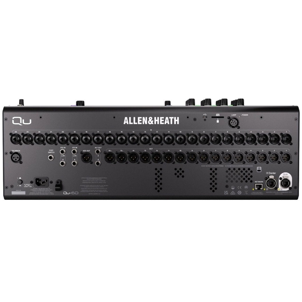 Allen & Heath Qu-6D digital mixer with Dante connectivity, showing rear panel with input and output ports.