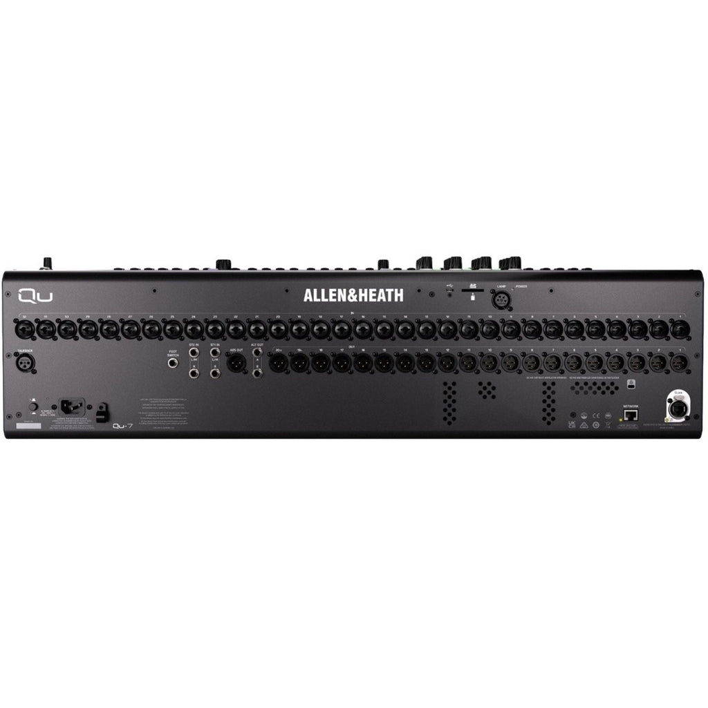 Allen & Heath Qu-7 digital mixer with multiple input/output ports and control knobs, viewed from the back.