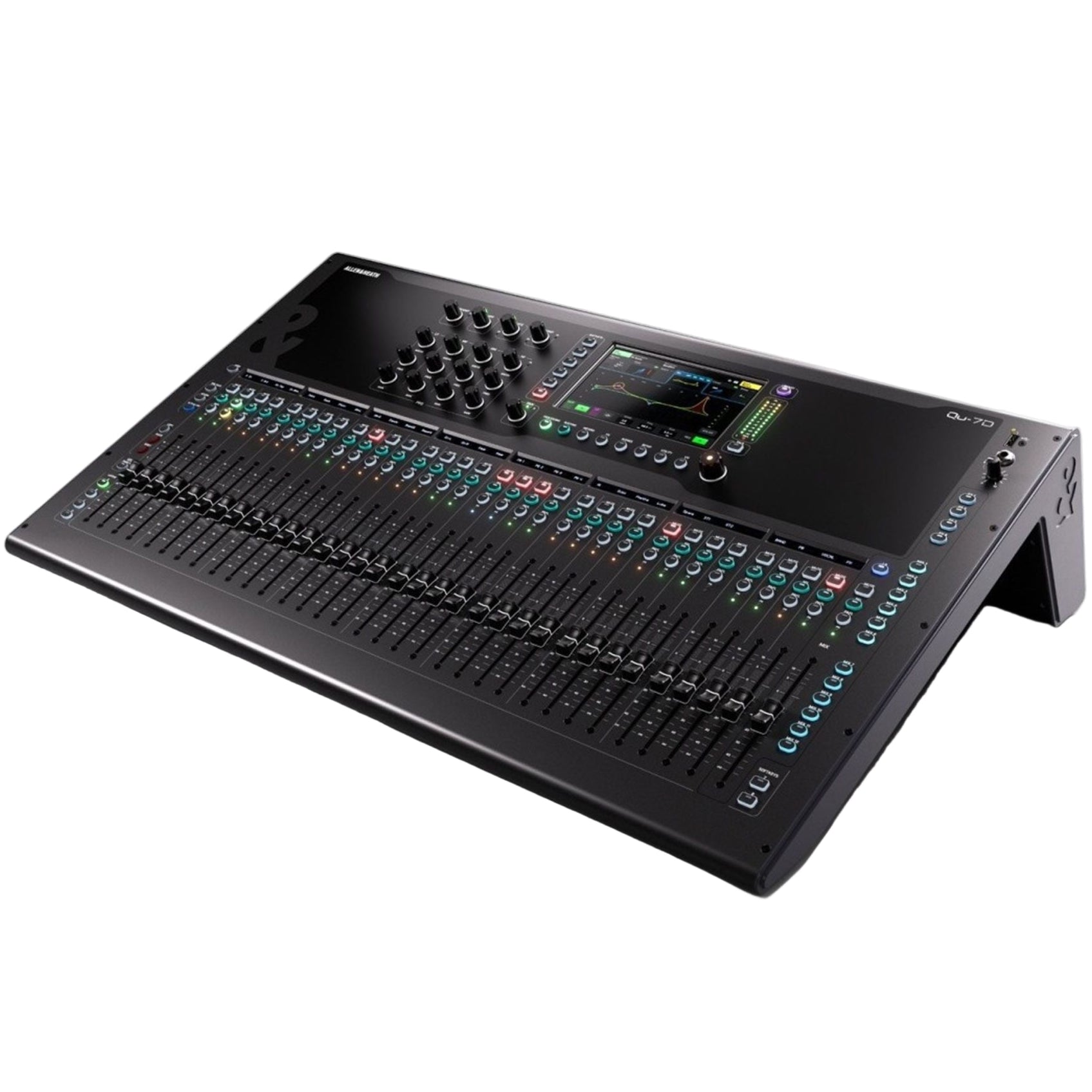 Allen & Heath Qu-7D digital mixer with Dante audio interface, angled view showing multiple input controls and display screen.