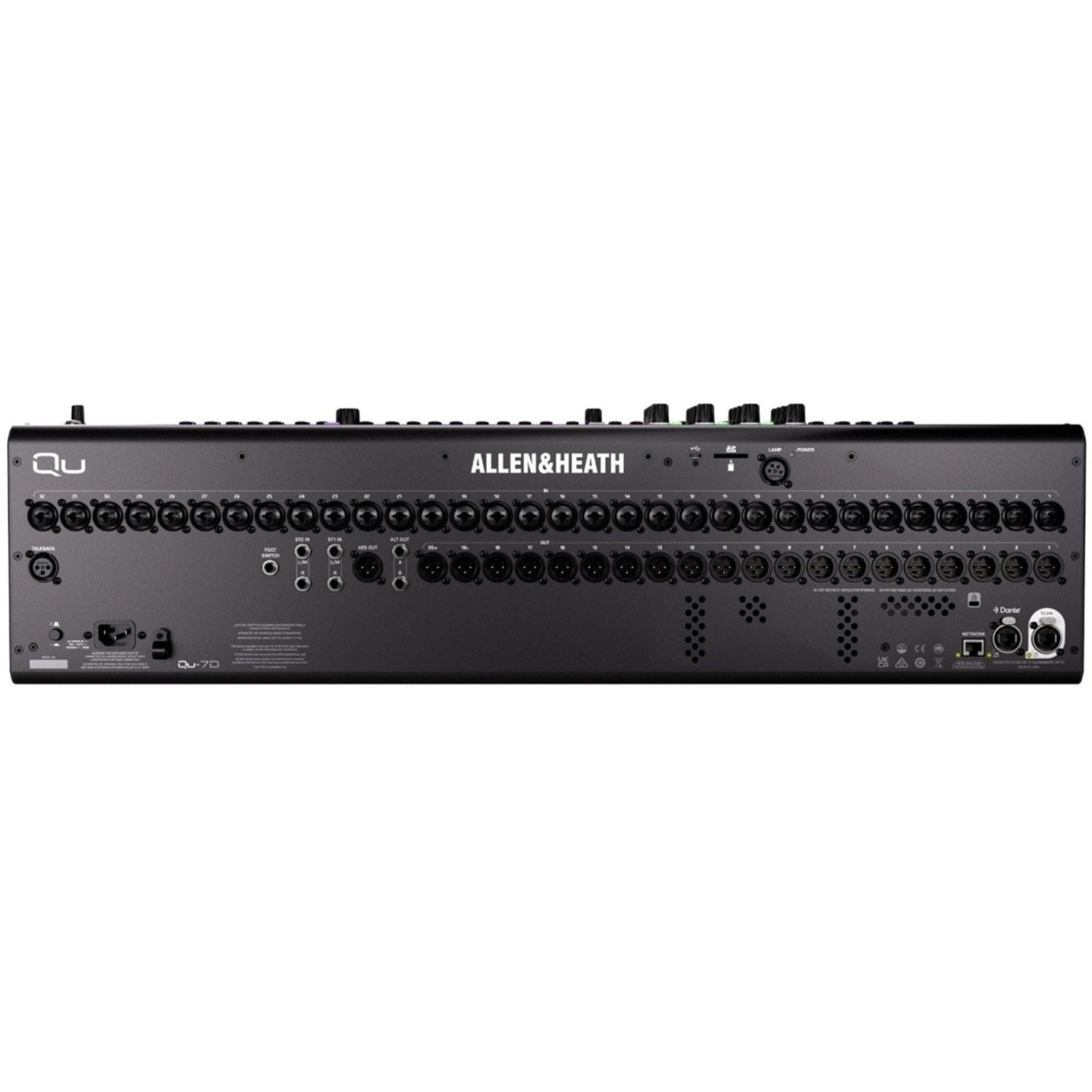 Allen & Heath Qu-7D digital mixer with Dante connectivity, showing rear panel and input/output ports.