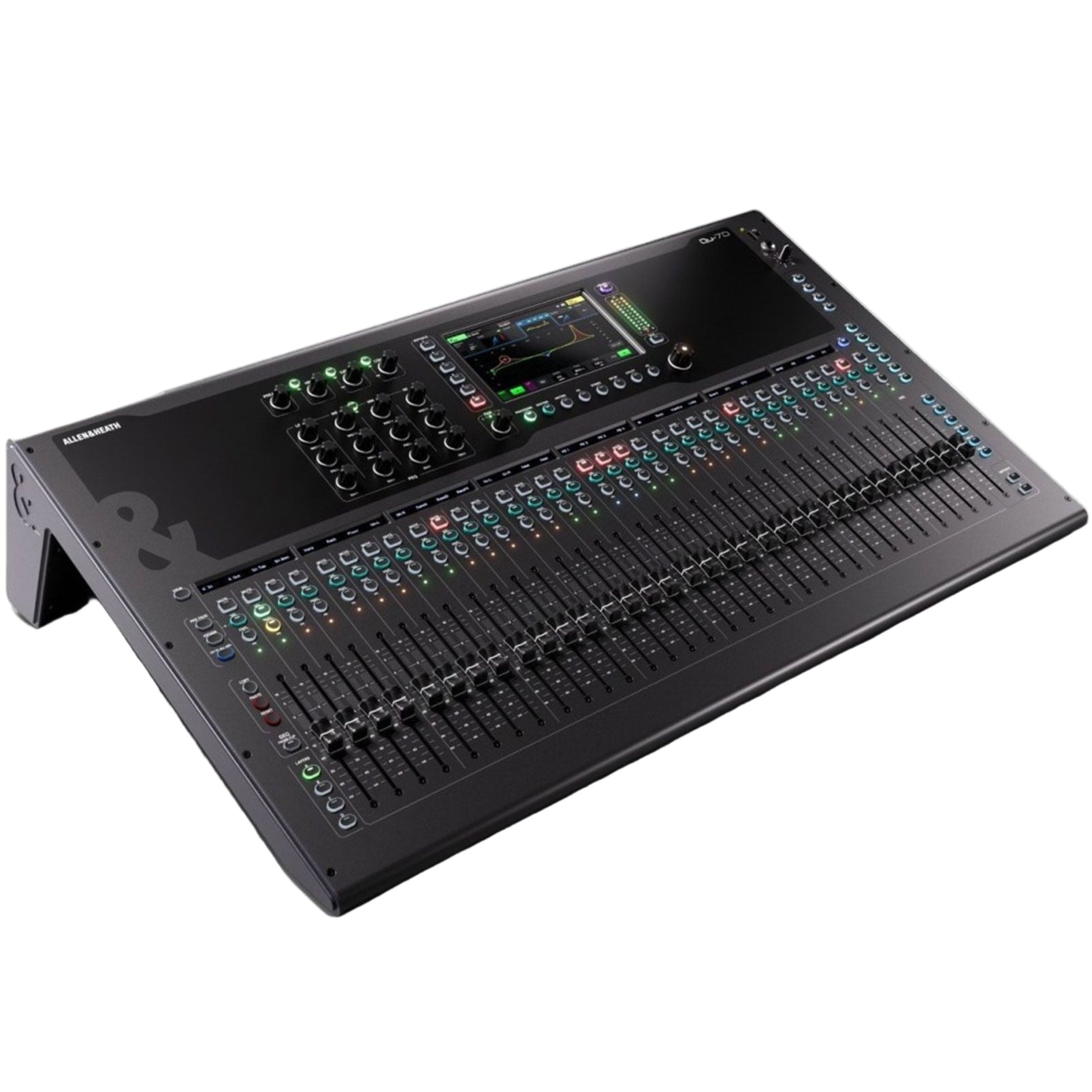 Allen & Heath Qu-7D digital mixer with Dante interface, showing various control knobs and input/output ports from an angled view.