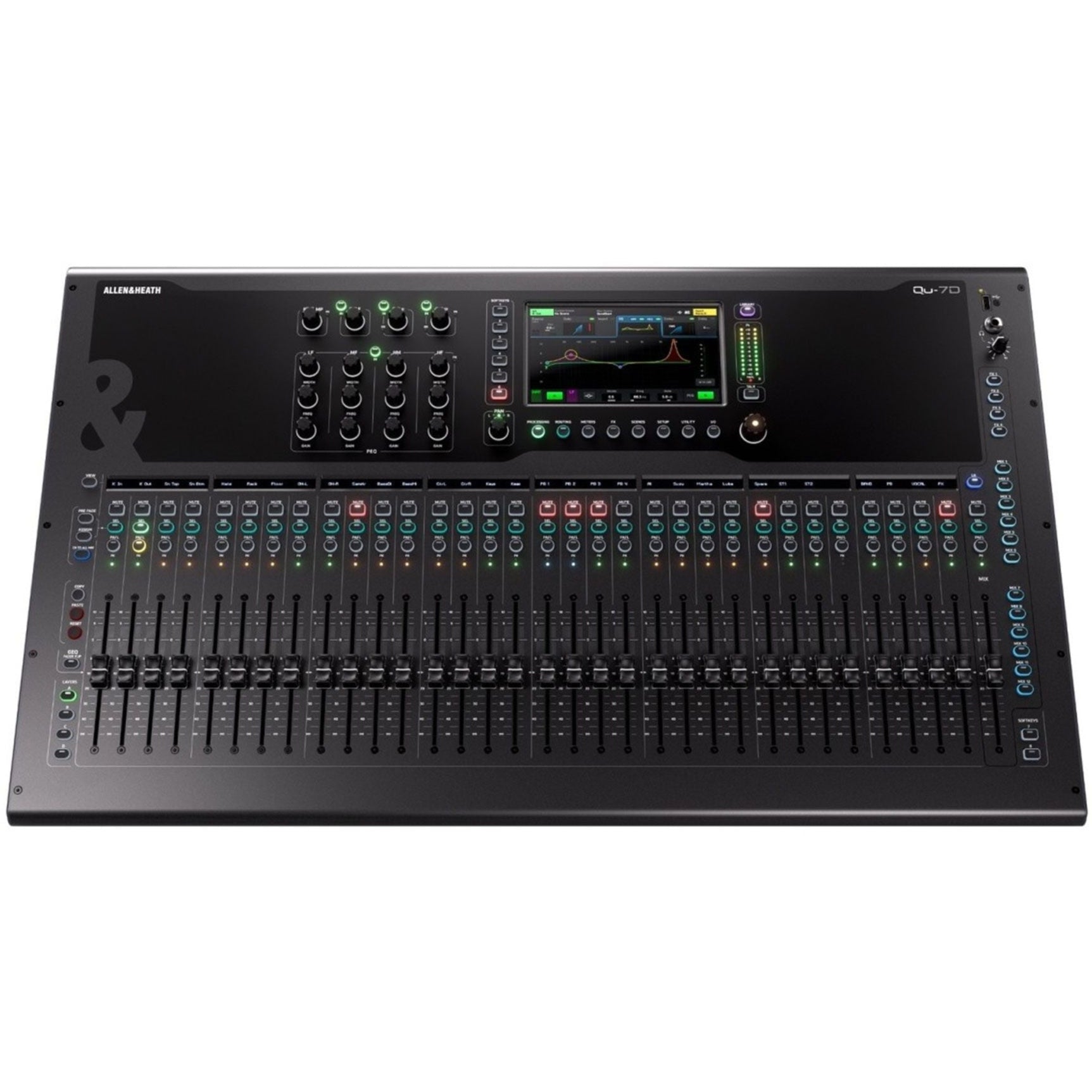 Allen & Heath Qu-7D digital mixer with Dante audio interface, showing control knobs and input/output connections on the top panel.