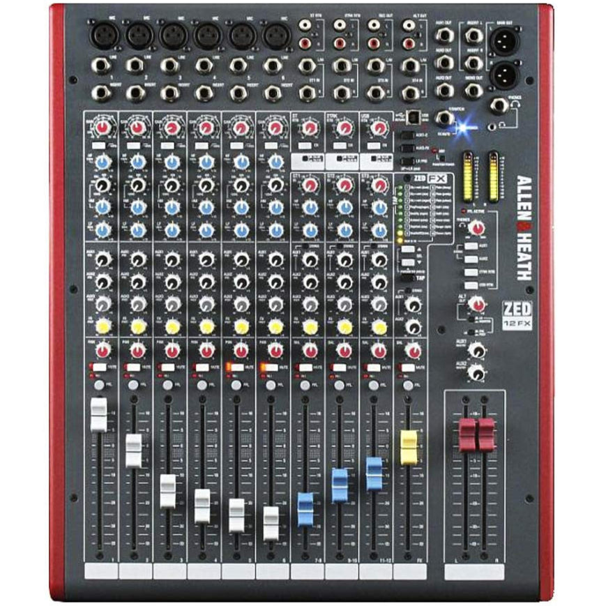 Allen & Heath ZED-12FX analog mixer with multiple input channels, knobs, and built-in effects for live sound and recording setups.