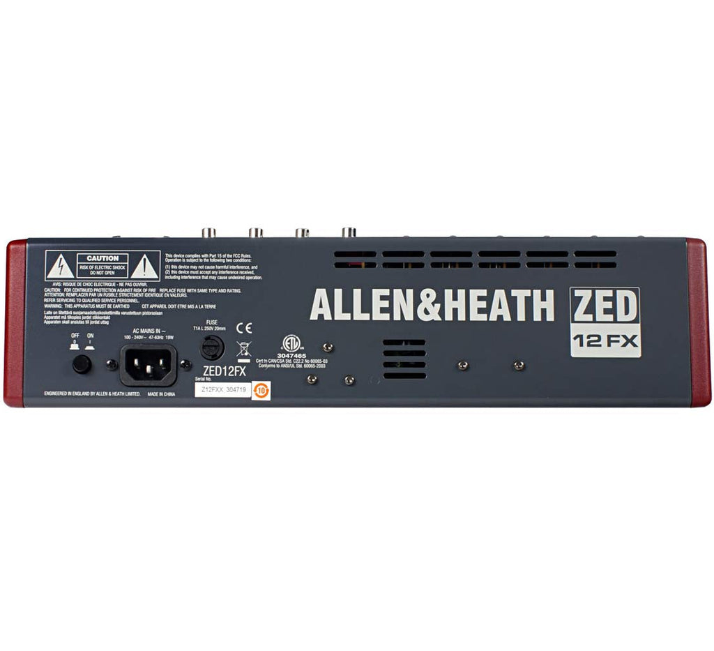 Allen & Heath ZED-12FX analog mixer with multiple input channels, built-in effects, and professional audio controls.