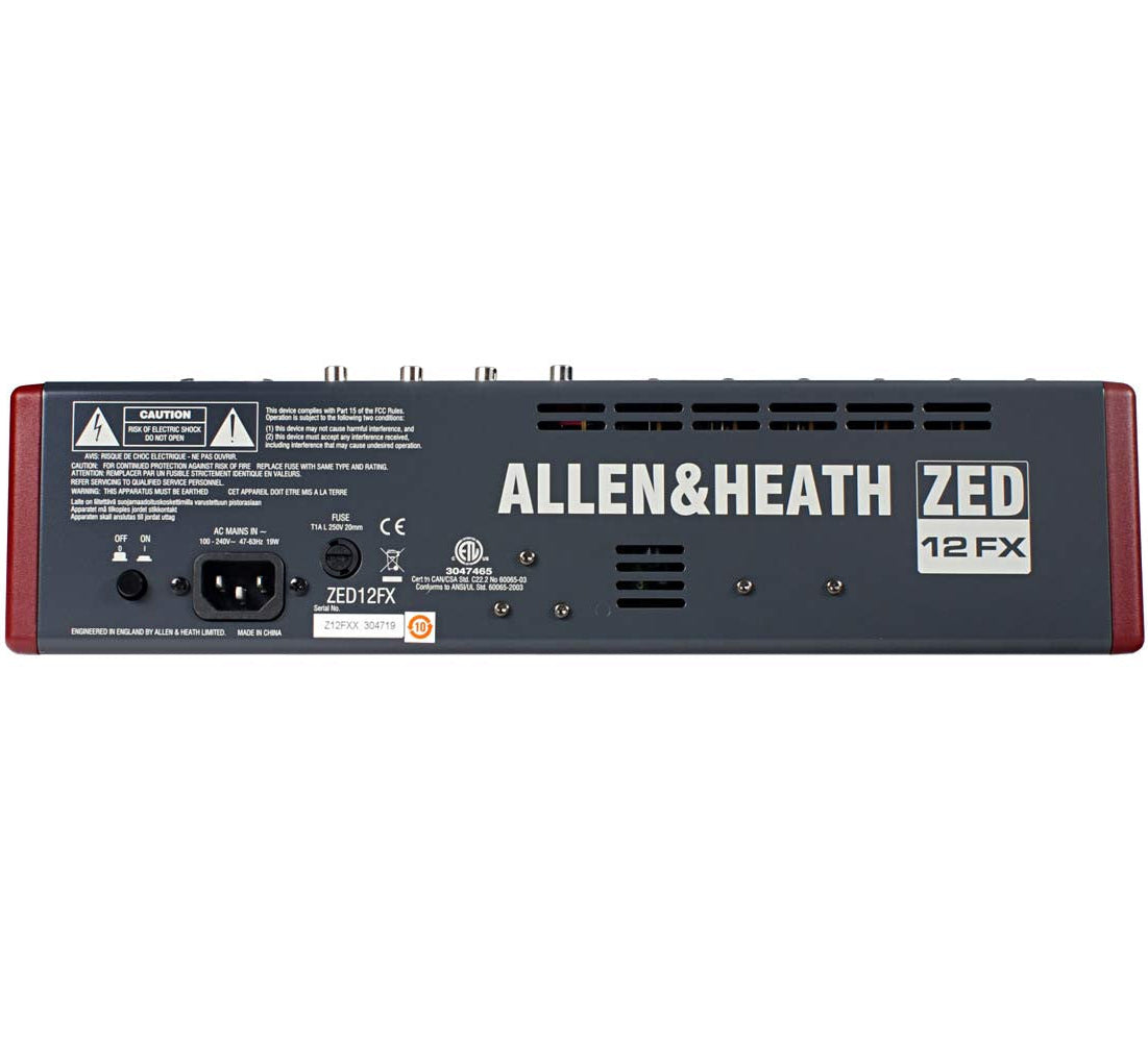 Allen & Heath ZED-12FX analog mixer with multiple input channels, built-in effects, and professional audio controls.
