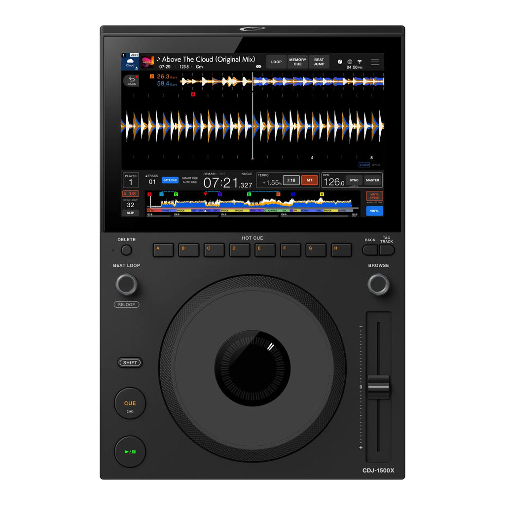 AlphaTheta CDJ-1500X, front view with 10.1-inch touchscreen on white background