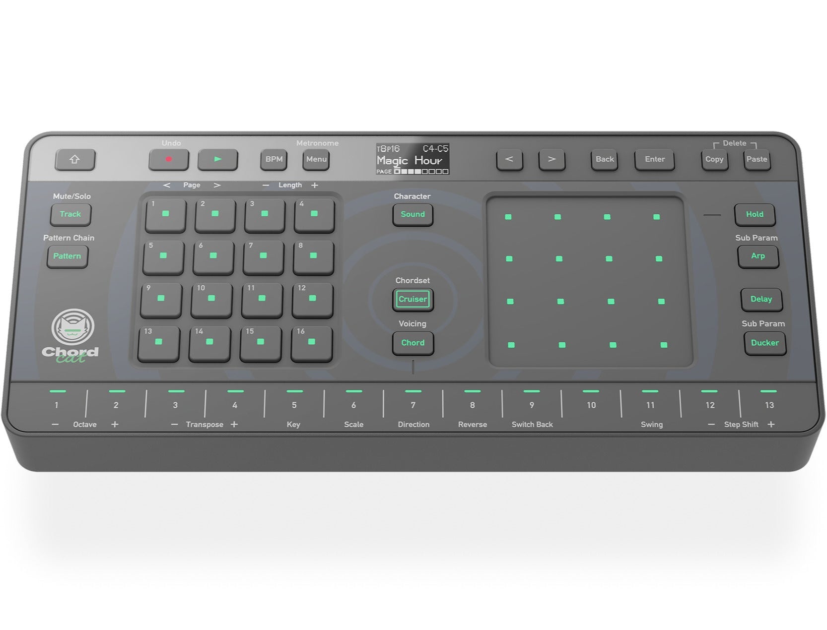 AlphaTheta ChordCat DJ pad controller, front-on controls layout.