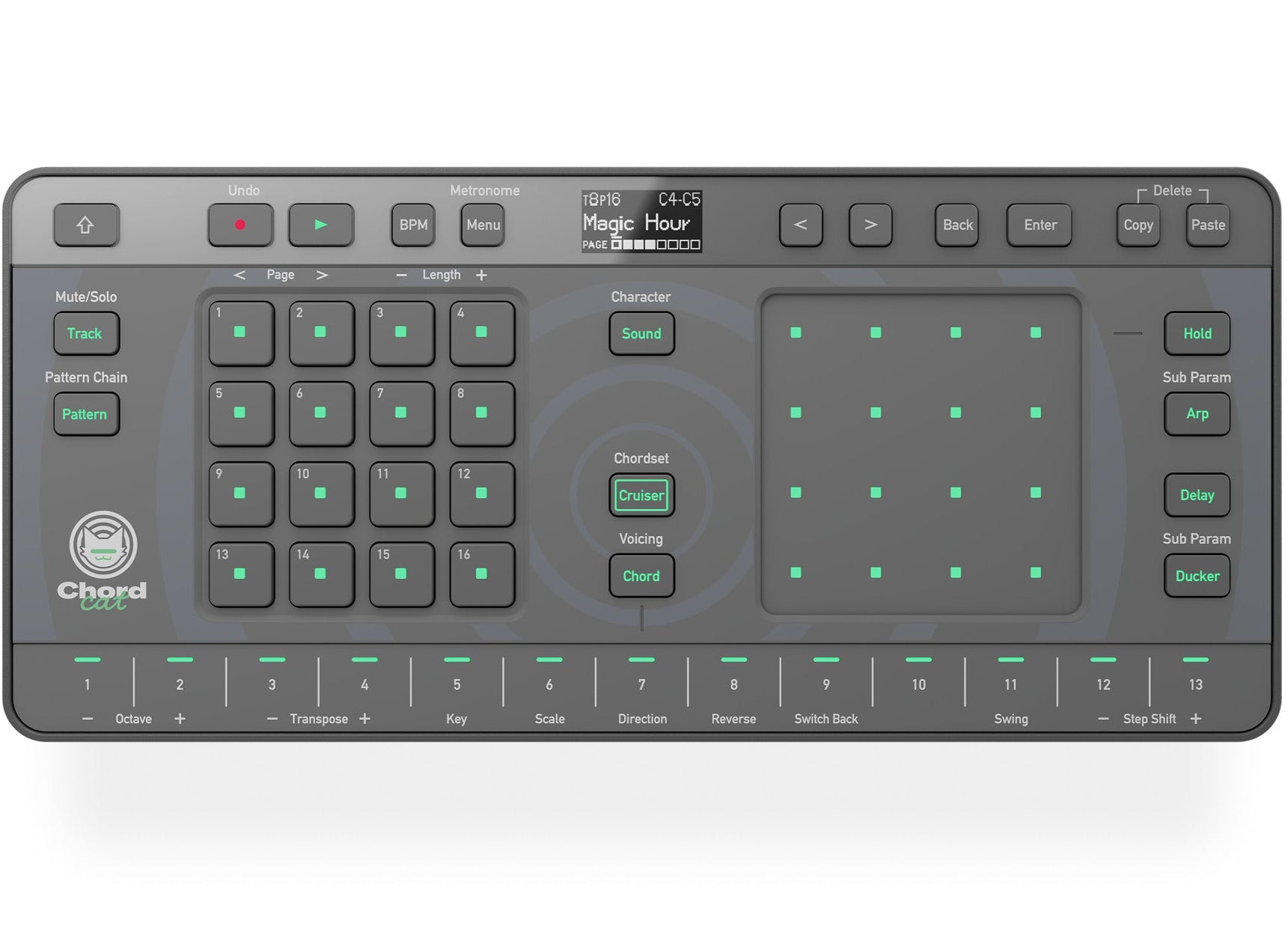 AlphaTheta ChordCat DJ pad controller, top with pads and touchpad.
