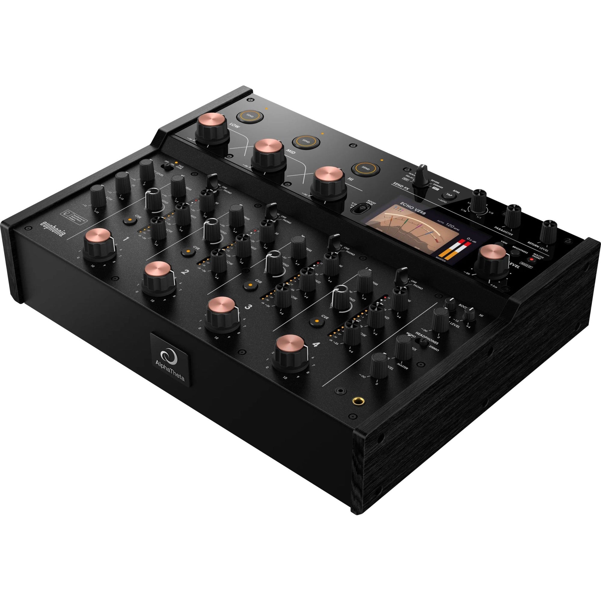AlphaTheta Euphonia DJ Mixer with multiple knobs and channels, professional audio equipment for mixing music.