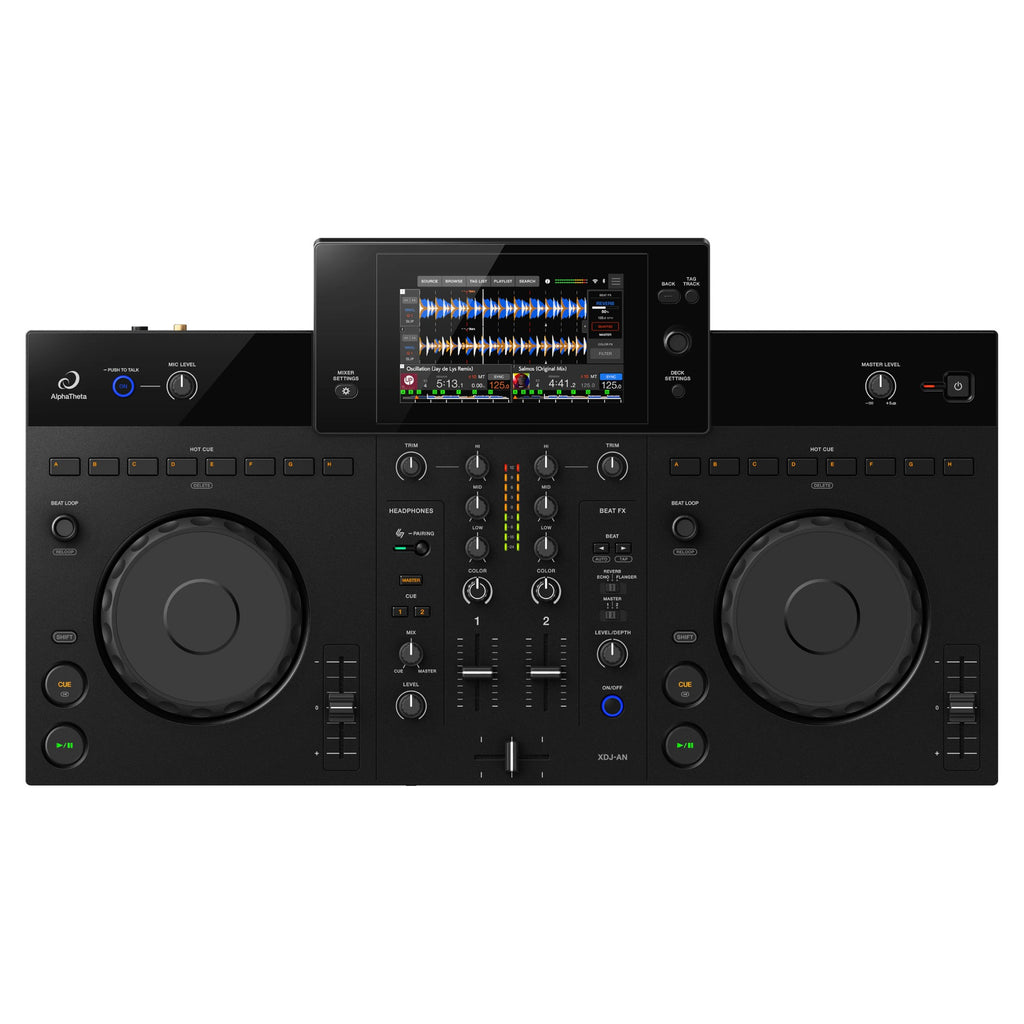 AlphaTheta XDJ-AN, top-down view of decks and mixer on white background