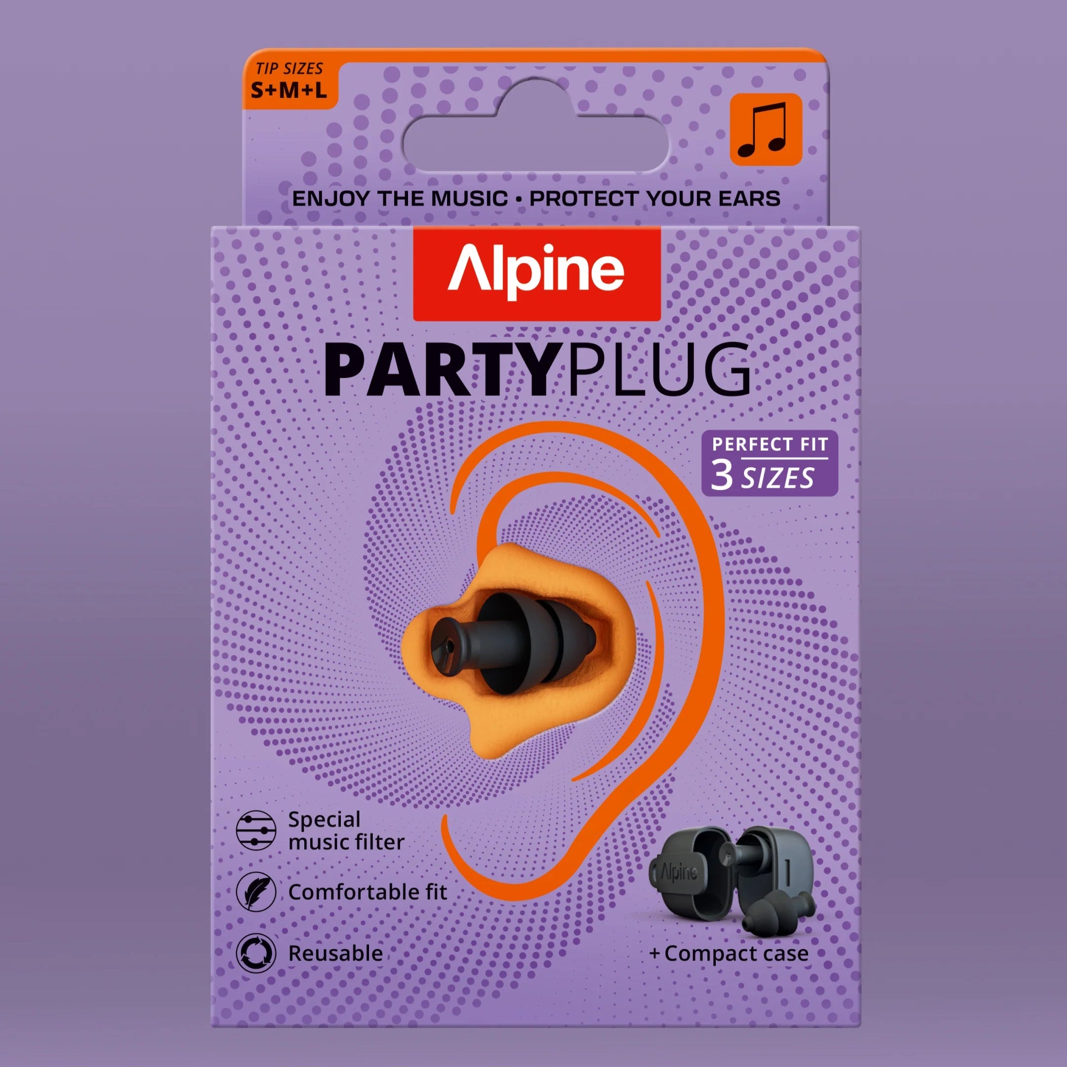 Alpine PartyPlug Earplugs, in black, in packaging