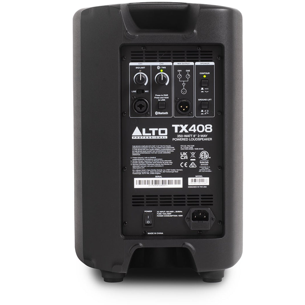 Alto Professional TX408 active PA loudspeaker, rear panel and connections