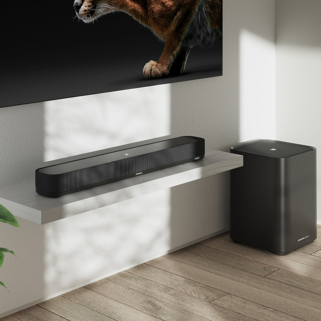 Sennheiser Ambeo Soundbar Mini for TV, compact audio speaker with sleek design and RGB lighting accents.