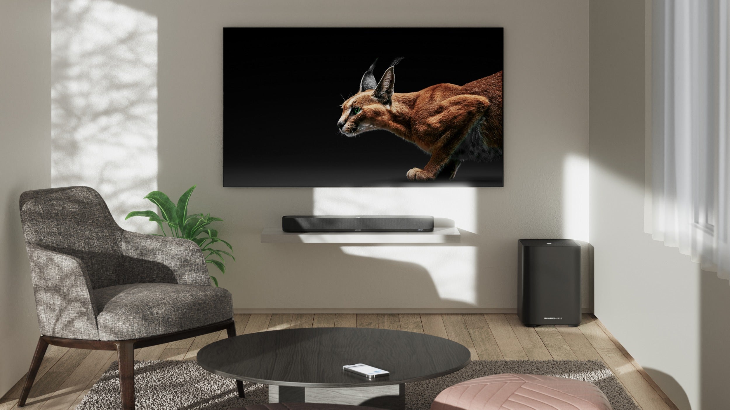 Sennheiser Ambeo Soundbar Mini for TV, sleek black soundbar with built-in speakers, designed for immersive home audio.