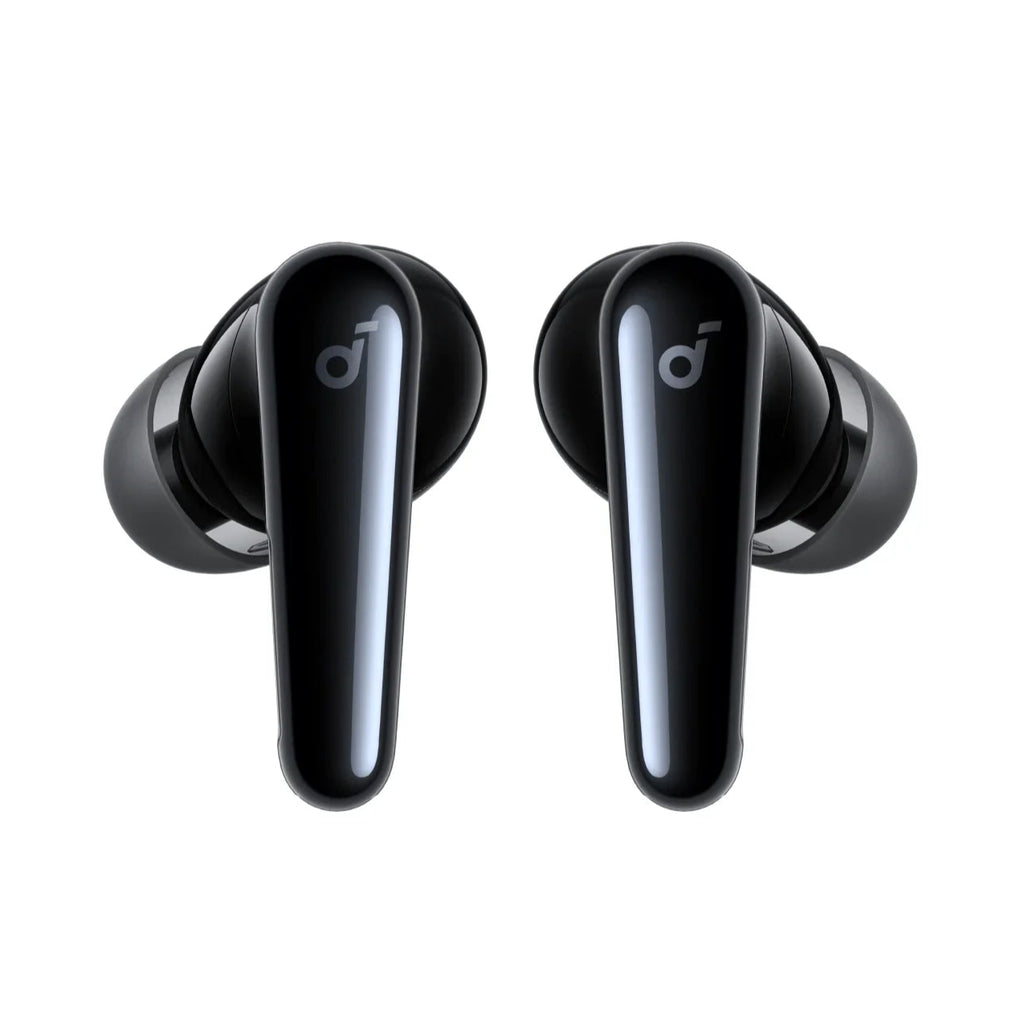 Wireless in-ear headphones by Soundcore Liberty 4 Pro with sleek black design and compact charging case.