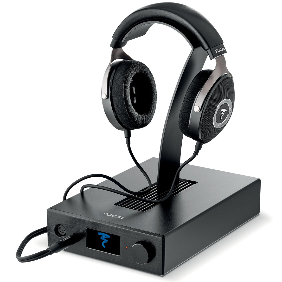 Focal Elear high-fidelity over-ear headphones with sleek design, shown with an Arche amplifier and DAC for premium sound quality.