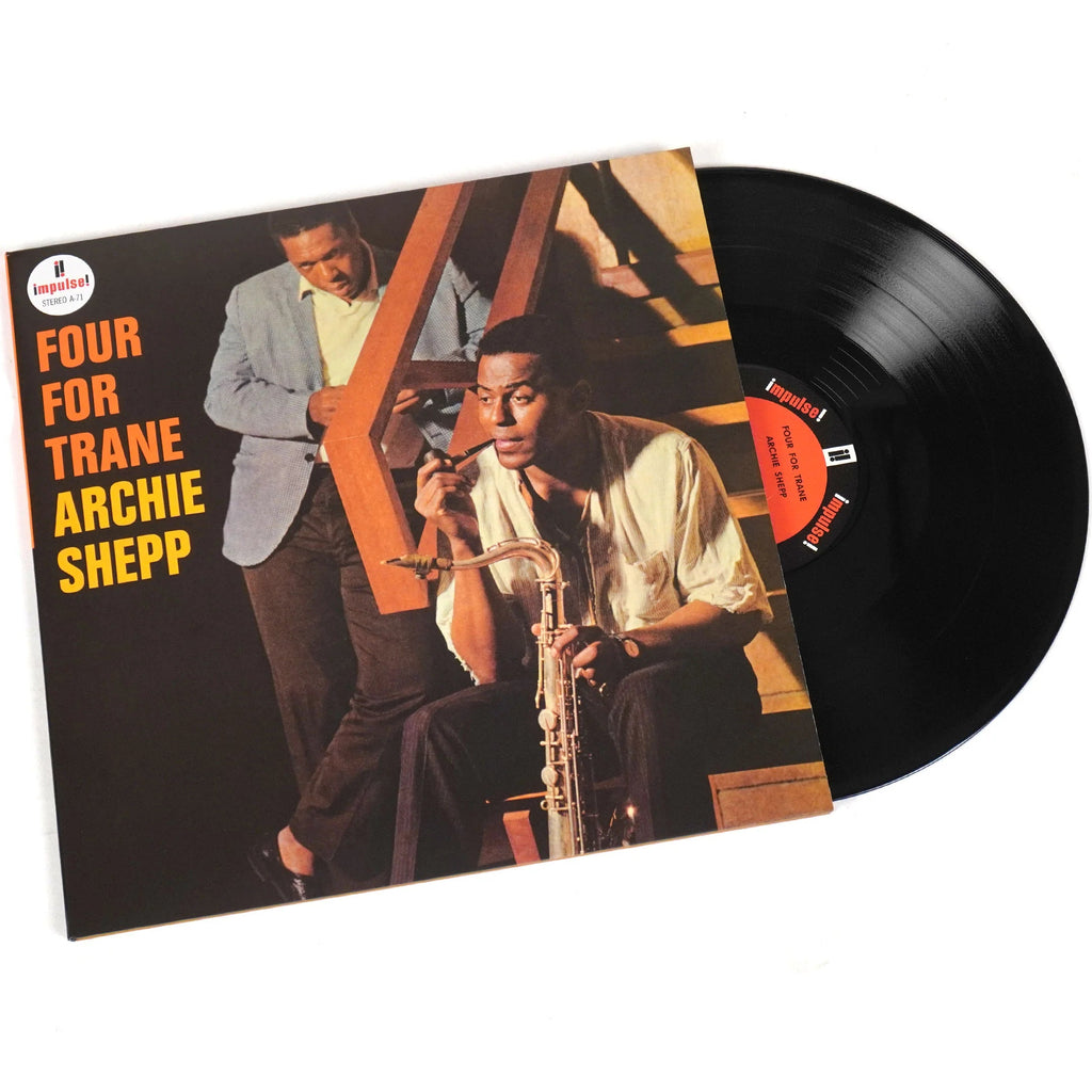 Black vinyl LP of Archie Shepp's Four for Trane jazz album, released by Verve Records, featuring the album cover art.