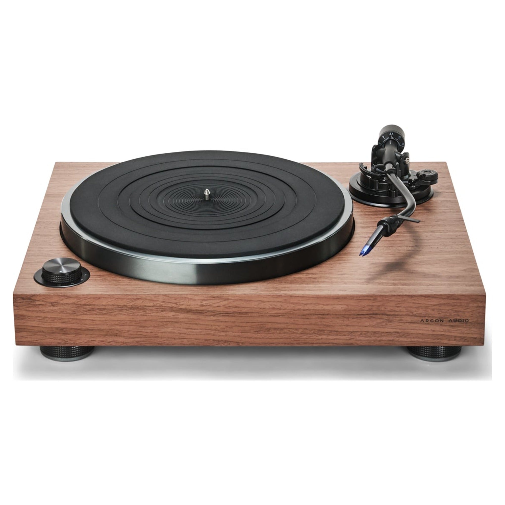 Argon Audio AURORA turntable, walnut veneer, front three-quarter view