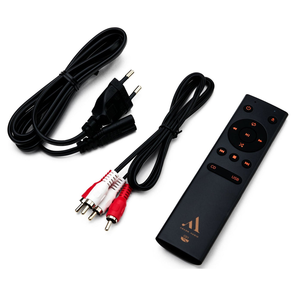 Argon Audio CD1 Black with its remote control and supplied cables