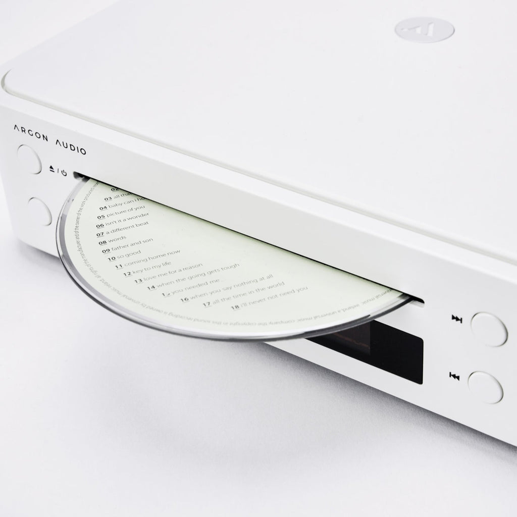 Argon Audio CD1 White loading a disc into the slot-loading CD drive
