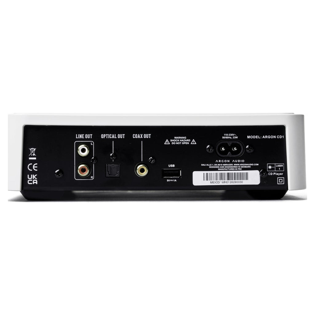 Argon Audio CD1 White rear panel with RCA line out, optical and coaxial digital outputs