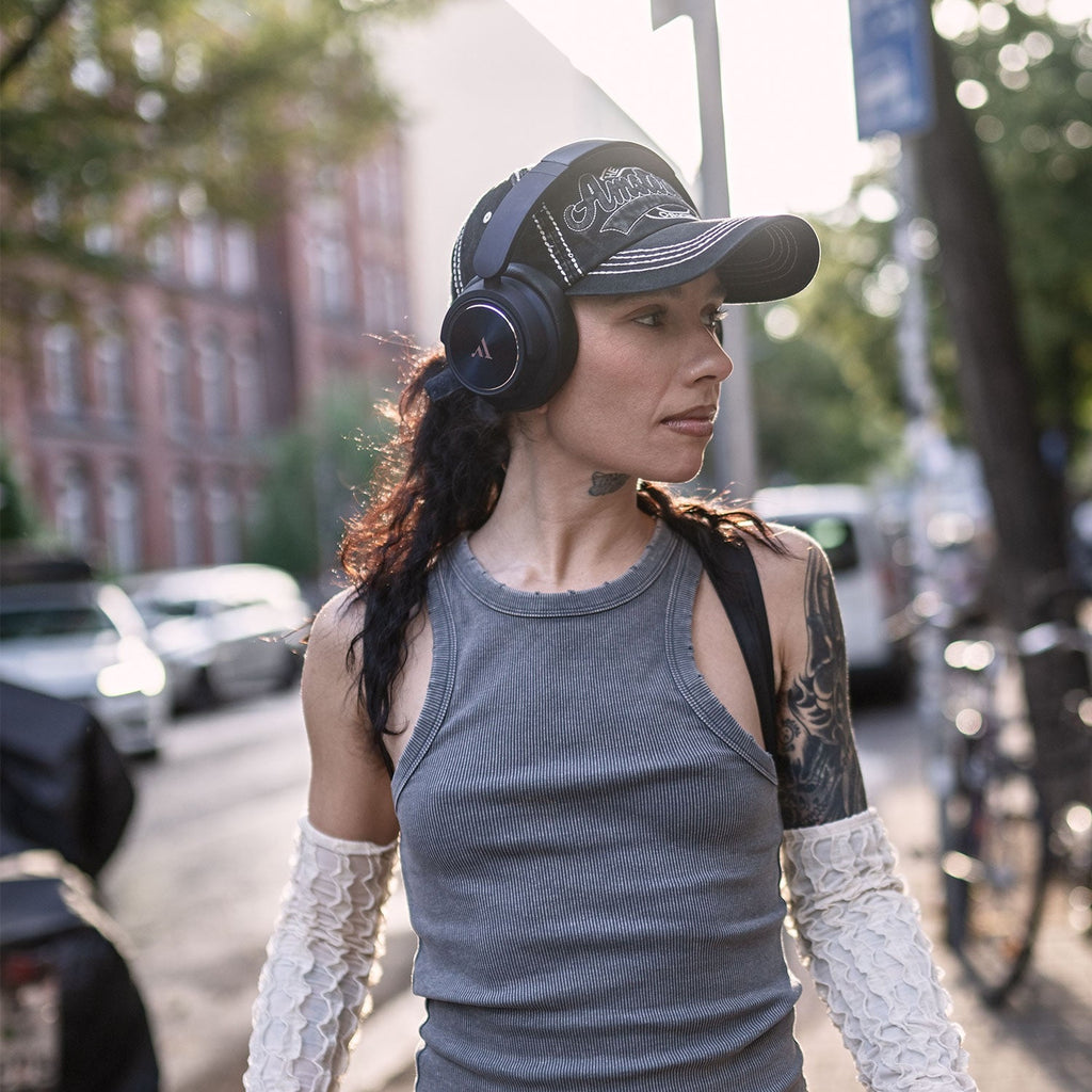 Argon Audio Quiet Storm Blue worn on a city street