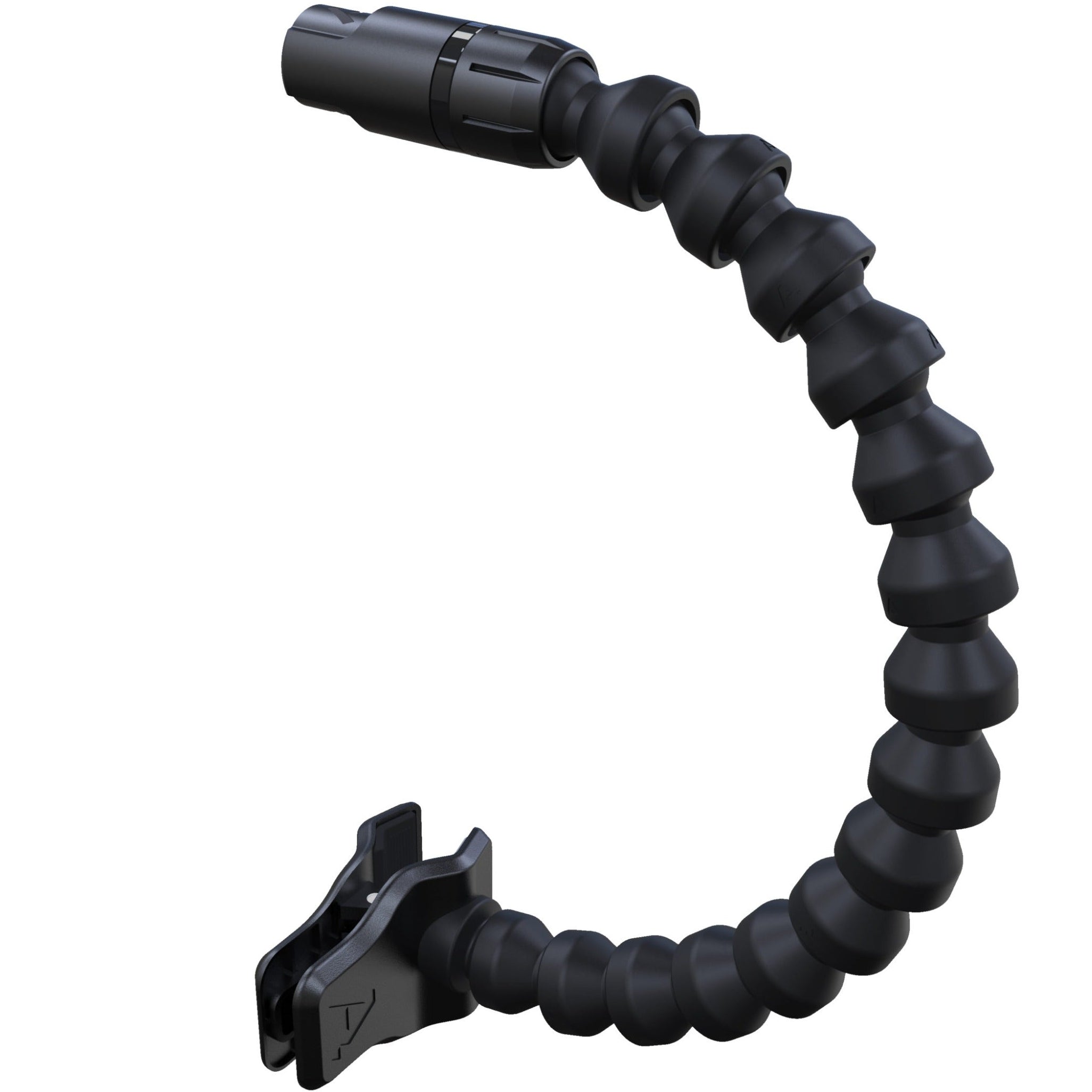 Pop Audio microphone pop filter foam set attached to a bent microphone arm for reducing plosive sounds during recording.