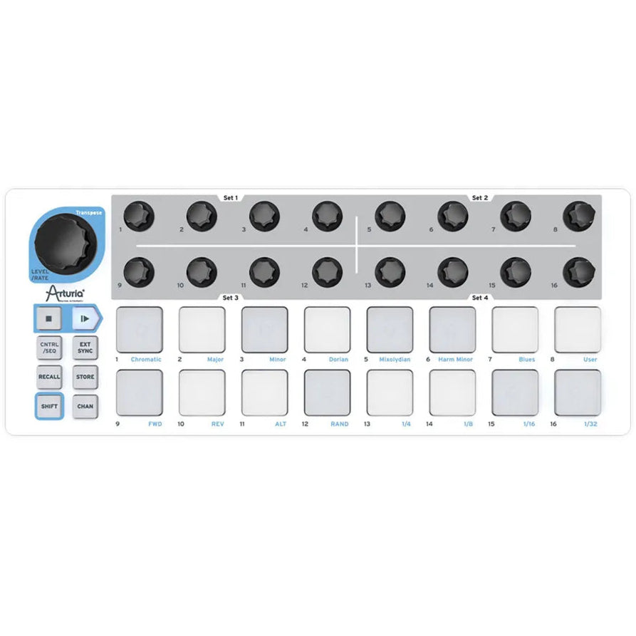 Arturia BeatStep sequencer with colorful pads and control knobs, showcasing its compact design and hardware interface.