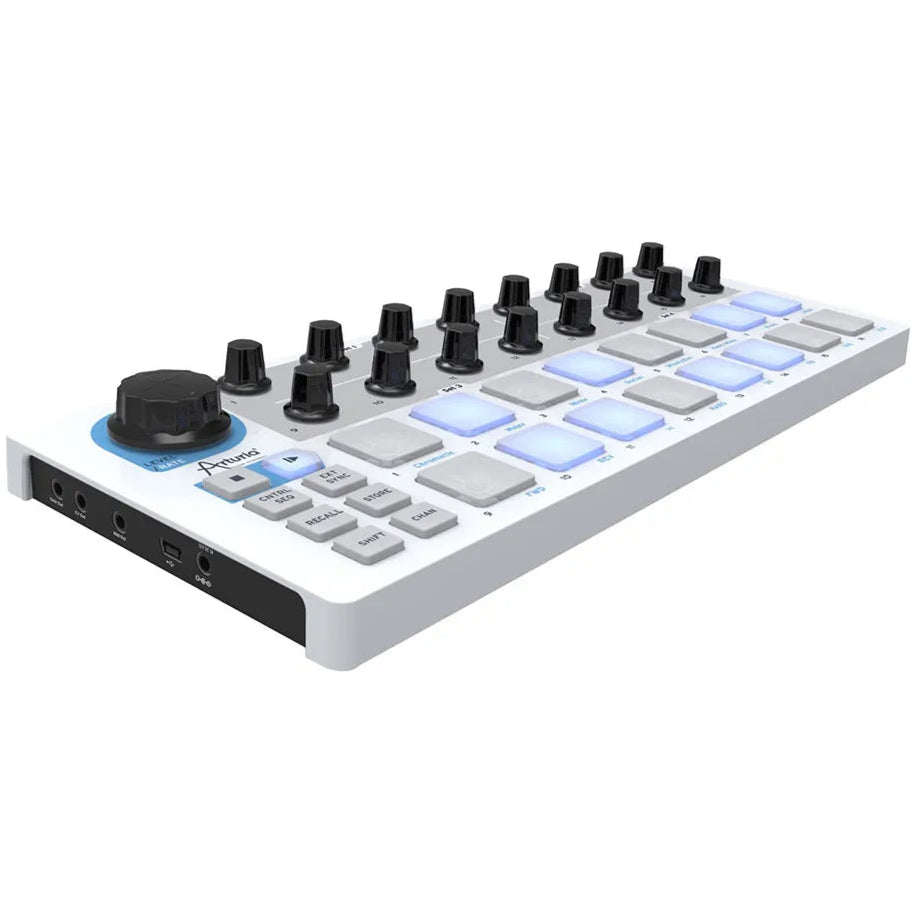 Arturia BeatStep sequencer with control knobs and pads, showcasing its compact design and versatile interface for music production.