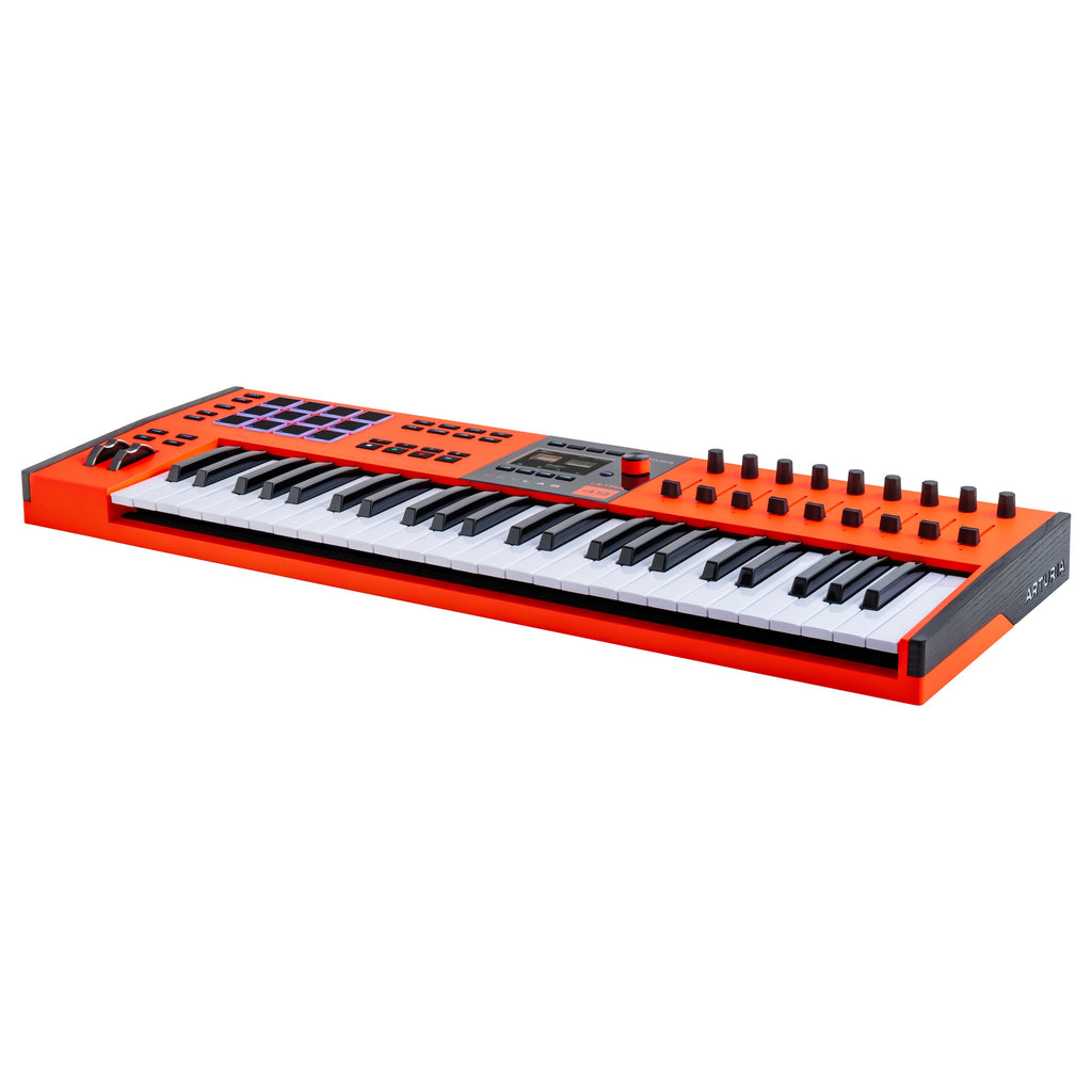 Arturia KeyLab 49 MK3 Ultra MIDI keyboard in orange finish, angled left view showing full keybed