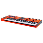 Arturia KeyLab 49 MK3 Ultra MIDI keyboard in orange finish, angled left view showing full keybed