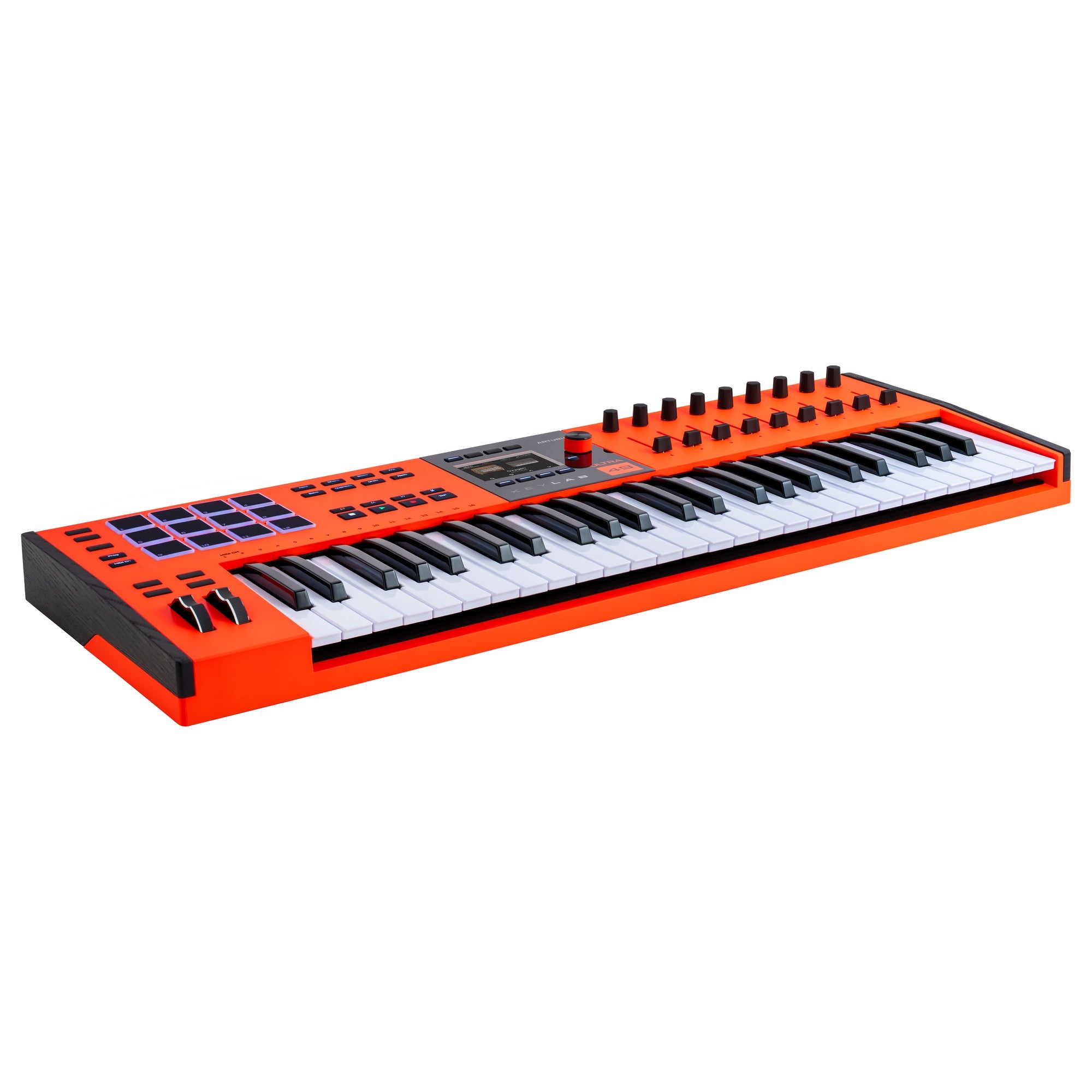 Arturia KeyLab 49 MK3 Ultra MIDI keyboard in orange finish, angled right view showing wooden end panel