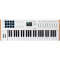 Arturia KeyLab 49 MK3 MIDI keyboard in white finish, angled view with control knobs and transport buttons