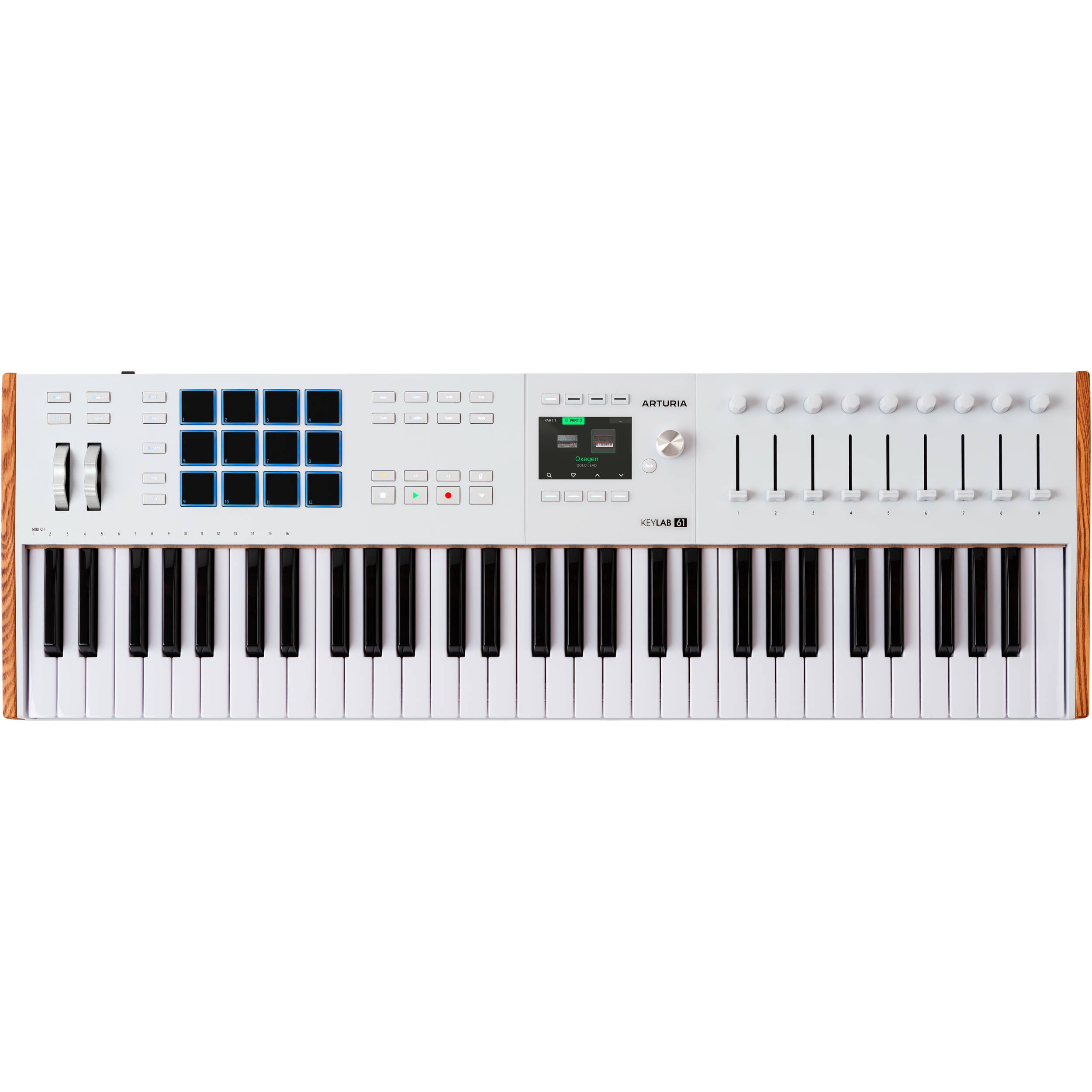 Arturia KeyLab 61 MK3 MIDI keyboard in white finish, angled view with control knobs and transport buttons